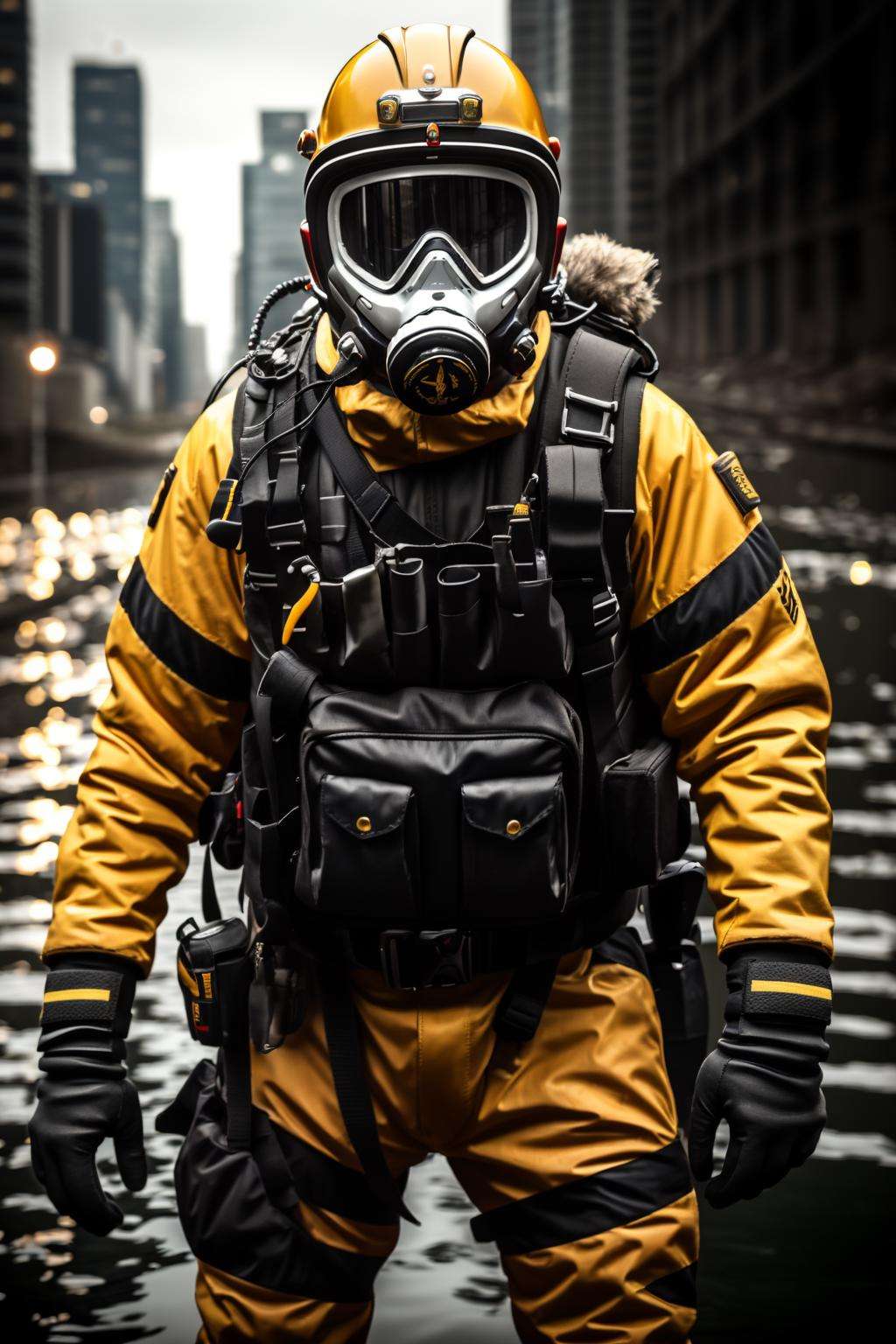 ((masterpiece)), ((best quality)), 8k, high detailed, ultra-detailed,xs-wasteland-style,1other, helmet, ambiguous gender, solo, gloves, blurry, blurry background, black gloves, city, outdoors,  <lora:waste:0.7>