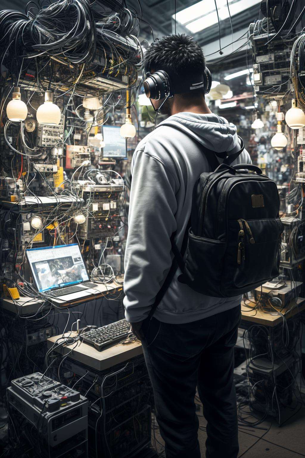 ((masterpiece)),((best quality)),8k,high detailed,ultra-detailed,xs-wasteland-style,cable, hood, hoodie, solo, hood down, black hair, 1boy, headphones, wire, male focus, bag, sitting, from behind, scenery, blurry, <lora:waste:0.7>