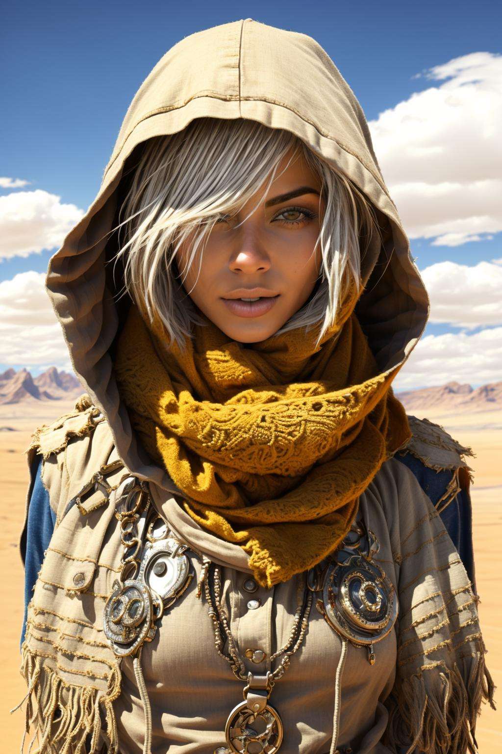 ((masterpiece)), ((best quality)), 8k, high detailed, ultra-detailed,xs-wasteland-style,1girl, solo, desert, dark skin, dark-skinned female, hood, scarf,outdoors, looking at viewer, sky, hair over one eye, day, upper body, cloud, blurry,  <lora:waste:0.7>