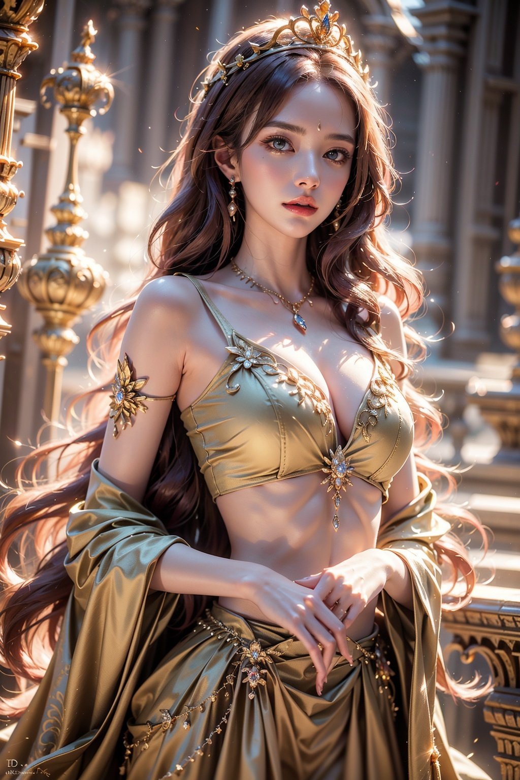 <lora:GdClth:0.8>best quality, masterpiece, photorealistic:1, 1girl,  dramatic lighting, from below，GdClth，gold-hair princece， ((((gorgeous)))) royal dress,  ((((gorgeous)))) gold tiara, ((((gorgeous)))) gold necklace, ((((gorgeous)))) gold accessories, light on body，Blurred background，Extraordinary details，look back