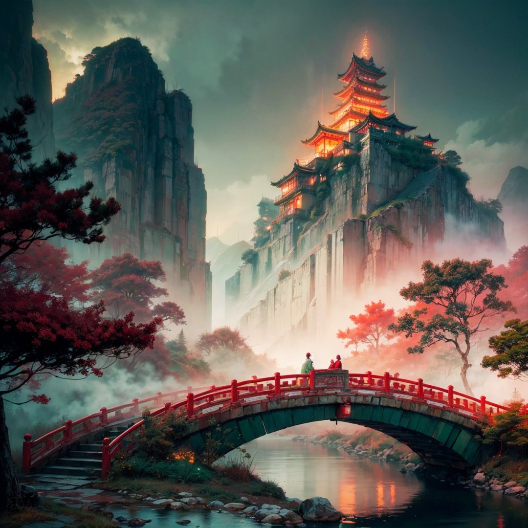 Cityscape, Japanese and Chinese inspiration, mountain bridge, colorful, vivid, fantasy,exposure blend, medium shot, bokeh, (hdr:1.4), high contrast, (cinematic, red and green and white film), (muted colors, dim colors, soothing tones:1.3), low saturation, (hyperdetailed:1.2), (noir:0.4)
