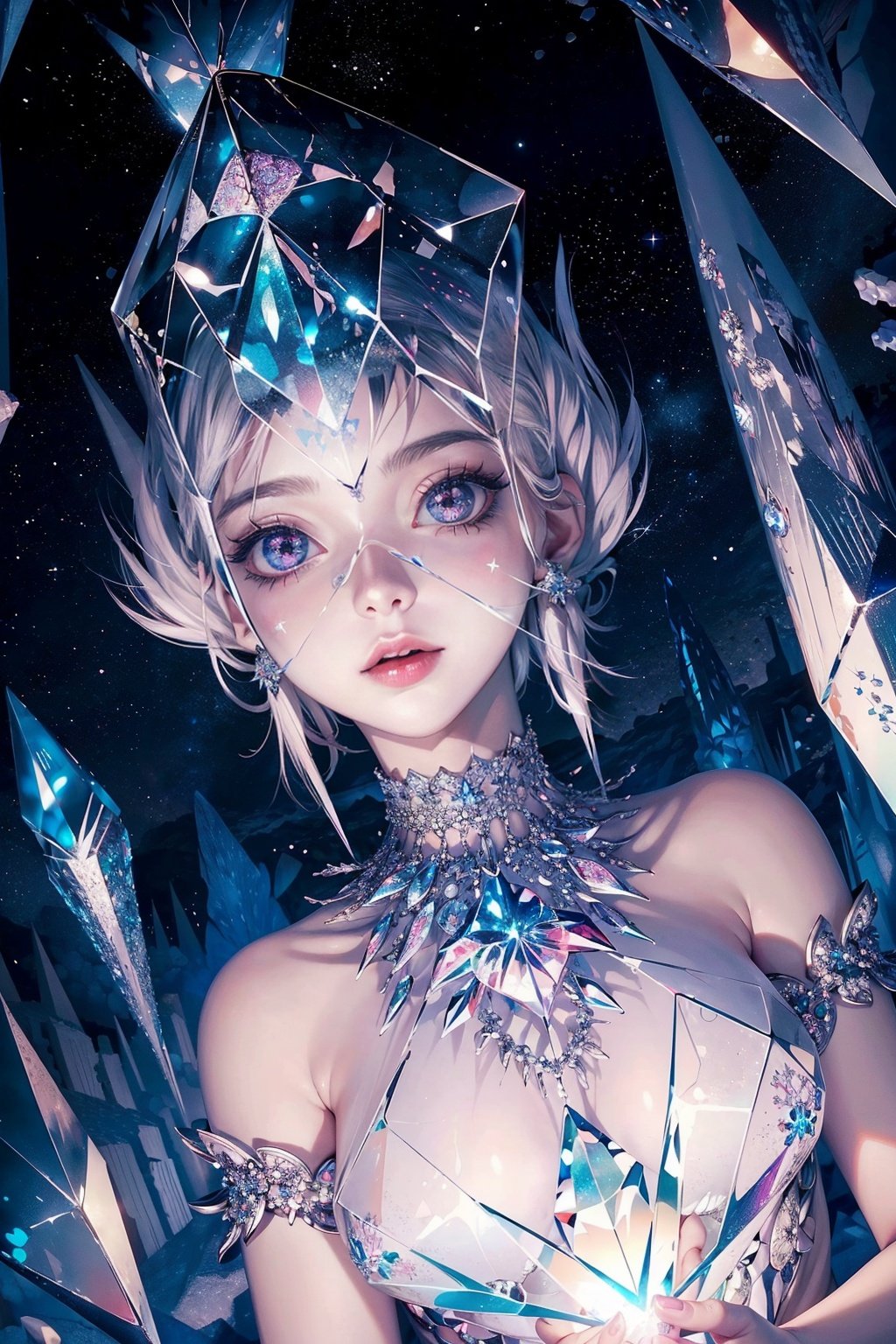 one girl, solo,  (((trapped in big crystal)))(trapped in crystal:1.7),((add eye details)), ((add face details)), crystal, star, shine, beautiful night sky on background, moon, stars on background,diamonds