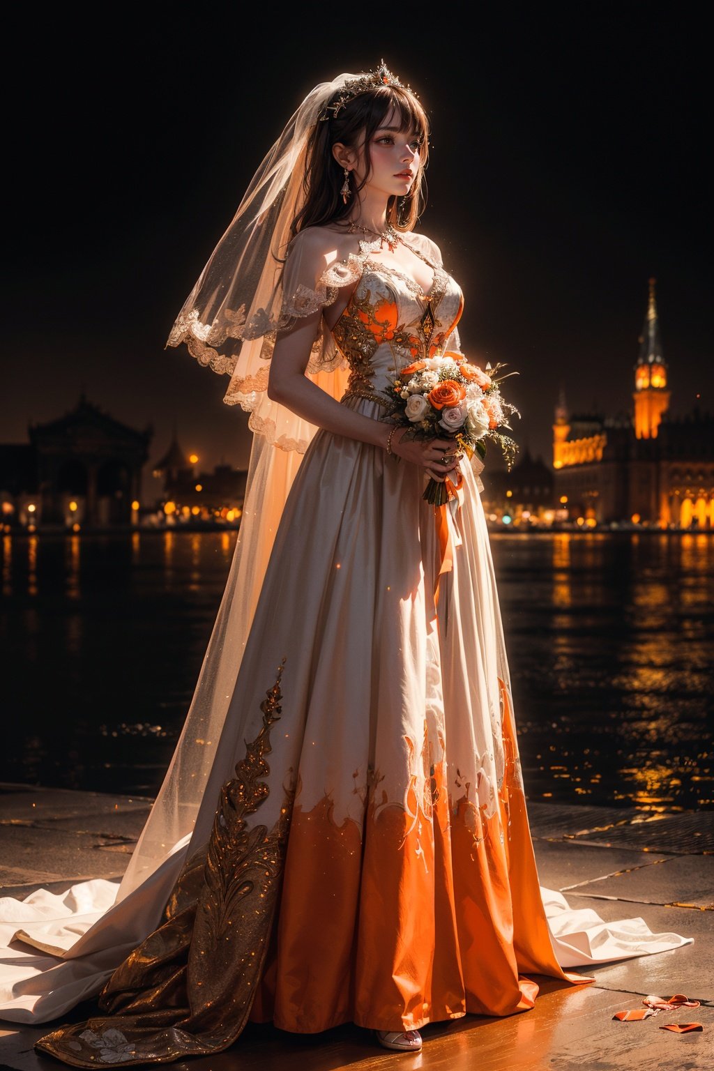 Story, bride posing under a fairy tale, elaborate scene style, glitter, orange, realistic style, 8k,exposure blend, medium shot, bokeh, (hdr:1.4), high contrast, (cinematic, dark orange and white film), (muted colors, dim colors, soothing tones:1.3), low saturation, (hyperdetailed:1.2), (noir:0.4)