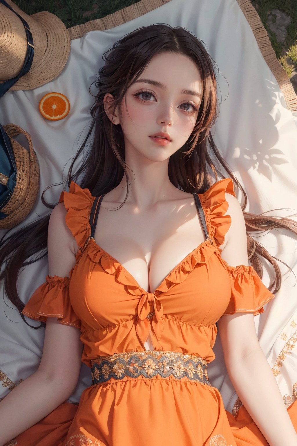 best quality,masterpiece,detailed,16k,beautiful detailed face,beautiful detailed eyes,8k,female_solo,prefect body, prefect face, upper body shot, (long flowing hair),(laying on a picnic blanket:1.2),(wearing a orange frilled sundress:1.2), (perfect large breasts),