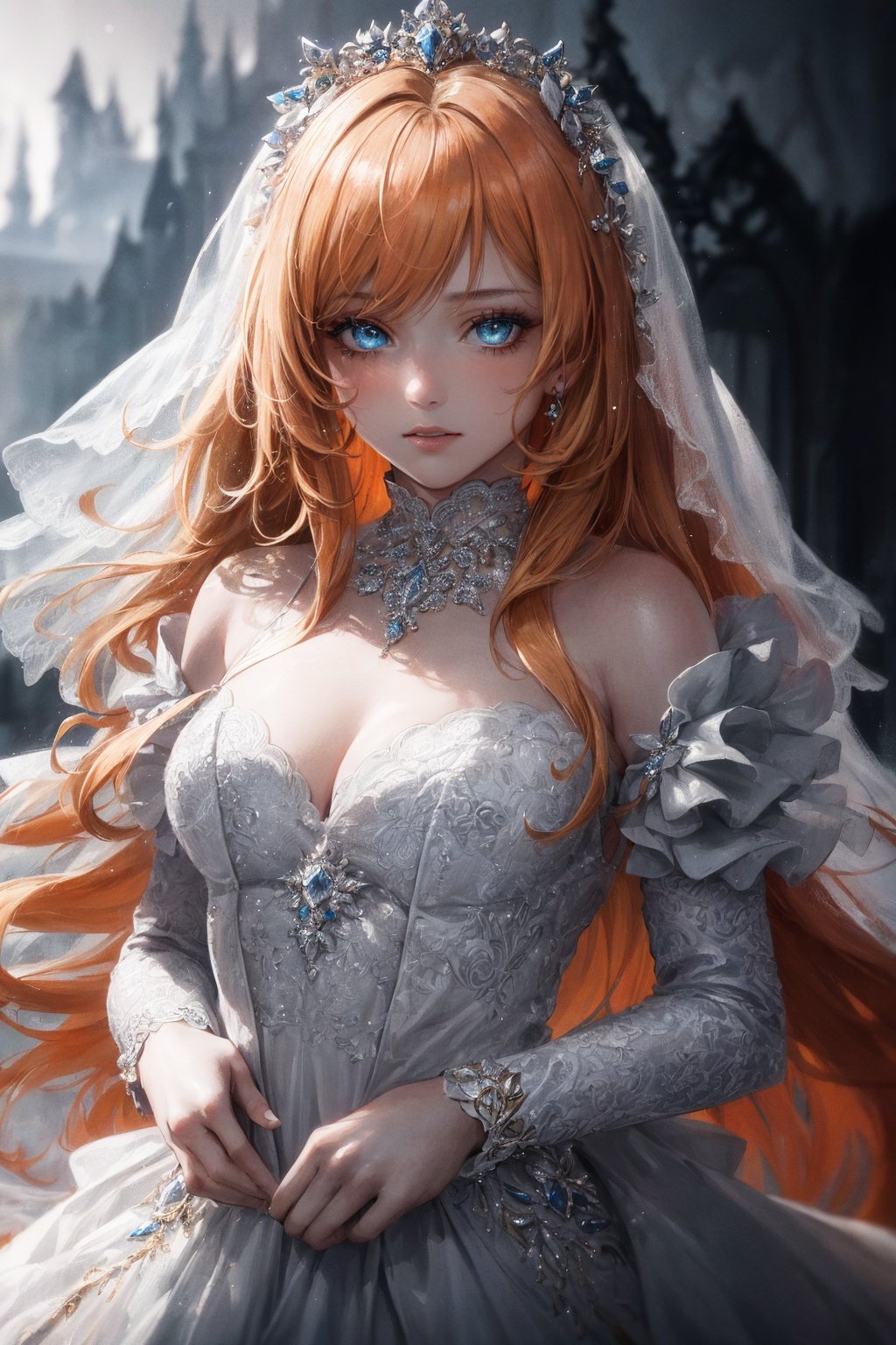 Story, sparkling beautiful eyes, blonde hair, bride posing under a fairy tale, elaborate scene style, glitter, orange, realistic style, 8k,exposure blend, medium shot, bokeh, (hdr:1.4), high contrast, (cinematic, dark orange and white film), (muted colors, dim colors, soothing tones:1.3), low saturation, (hyperdetailed:1.2), (noir:0.4),1 girl