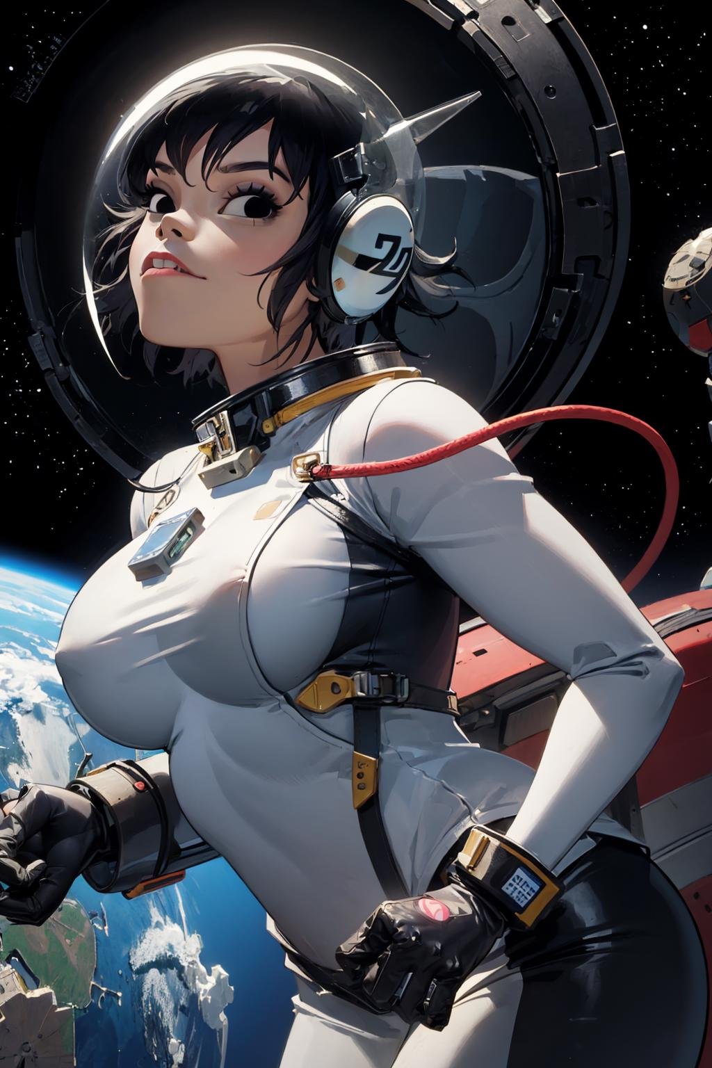 (masterpiece, best quality:1.2),  <lora:noodle_(gorillaz):.9>, noodle (gorillaz), space, astronaut, solo, planet, helmet, spacesuit, earth \(planet\), floating, 1girl, black hair, short hair, breasts, large breasts, black eyes, gloves, 