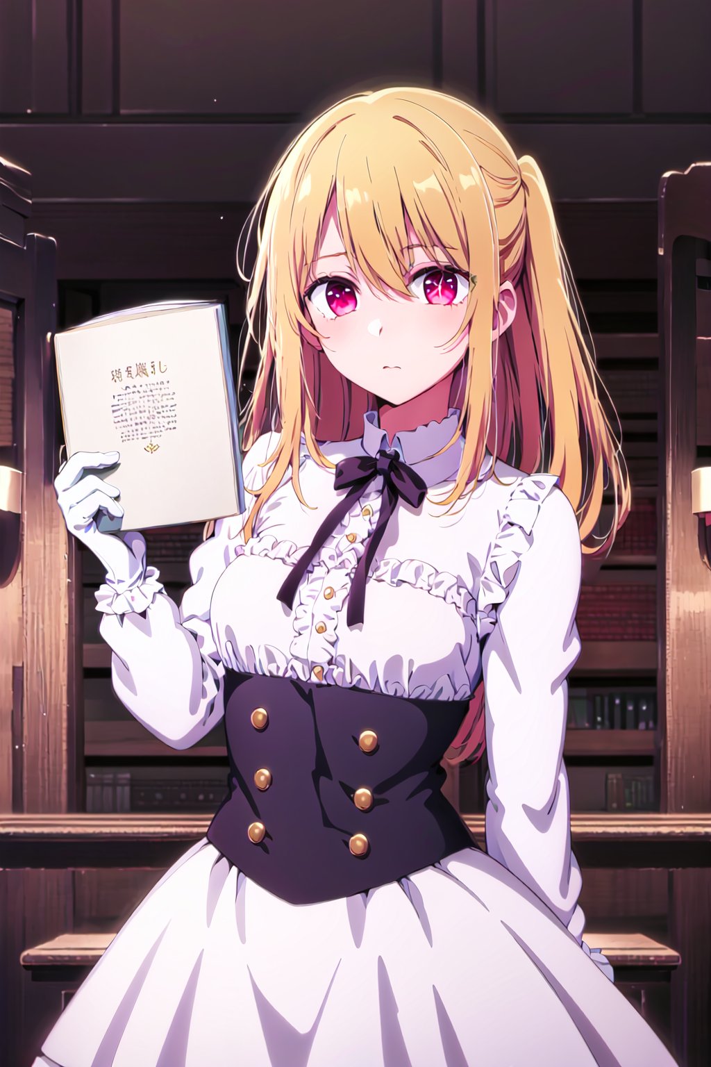 masterpiece, best quality, <lyco:Ruby3:0.7>, ruby hoshino, +_+, blonde hair, expressionless, looking at viewer, 1girl, solo,, detailed eyes,  upperbody, frilled dress, frilled sleeves, long sleeves, white gloves, frills, holding book, bookshelf, library, 