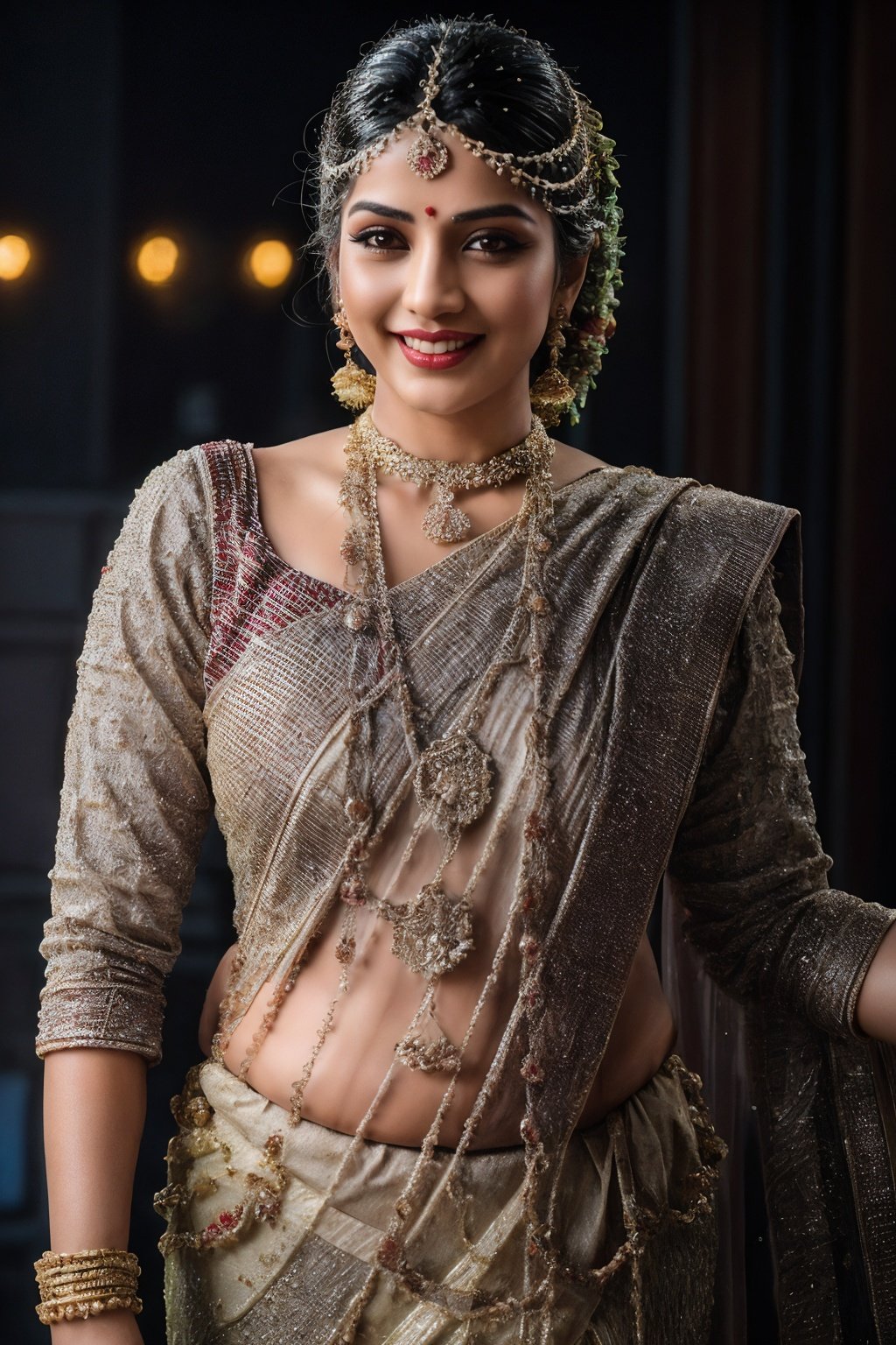 (best quality, masterpiece, detailed, realistic, photo-realistic, 35mm film, HDR, 4k, cinestill 800, sharp focus, 8mm film grain, Highres:1.4), full_body, anamr, 1girl, beautiful Indian princess, sexy, horney, outside, (large breasts:2.1),  cleavage,  navel chain, voluptuous figure, glistening skin, wet hair, intricate eyes, beautiful eyes, luscious hair, hair down, (brown skin), high detailed face, pure face,  smiling, insane detail, navel chain, intricate jewelry,very high detailed body, (dressed in sexy saree, wearing intricate jewelry:1.3), sunny, god rays, evening, Btflindngds, arshadArt, Saree,Saree