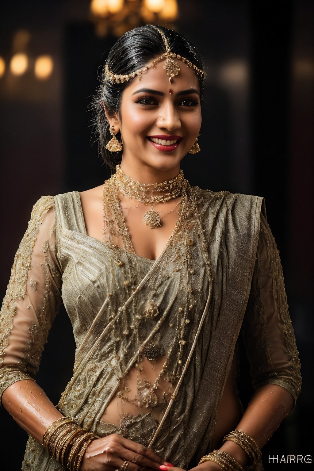 (best quality, masterpiece, detailed, realistic, photo-realistic, 35mm film, HDR, 4k, cinestill 800, sharp focus, 8mm film grain, Highres:1.4), full_body, anamr, 1girl, beautiful Indian princess, full body, sexy, horney, outside, (large breasts:1.6),  cleavage,  navel chain, voluptuous figure, glistening skin, wet hair, intricate eyes, beautiful eyes, luscious hair, hair down, (brown skin), high detailed face, pure face,  smiling, insane detail, navel chain, intricate jewelry,very high detailed body, sunny, evening, Btflindngds, arshadArt, Saree ,cloth color red