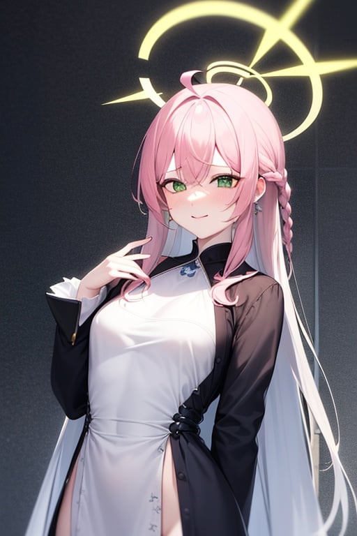 huazi, girl, breasts, pink hair, green eyes, solo,long hair, braid, ahoge,  underwear, looking at viewersmile,  masterpiece, best quality,masterpiece, best quality,halo, masterpiece, best quality,hide handface highlight, upper body, detailed face, tear mole, white skin, silver hair, ponytail, braid hair, looking at viewer, big eyes, silk robe, (hollow pattern), cape, earrings, small breasts, slim body, royal palace, luxury room, stained glass, professional lighting, photon mapping, radiosity, physically-based rendering, 