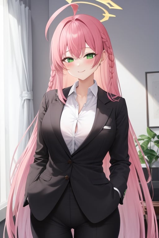 <lora:swhuazi_v1:0.8>,huazi, girl, breasts, pink hair, green eyes, solo,long hair, braid, ahoge,  underwear, looking at viewersmile,  masterpiece, best quality,masterpiece, best quality,halo,business_suit, masterpiece, best quality,