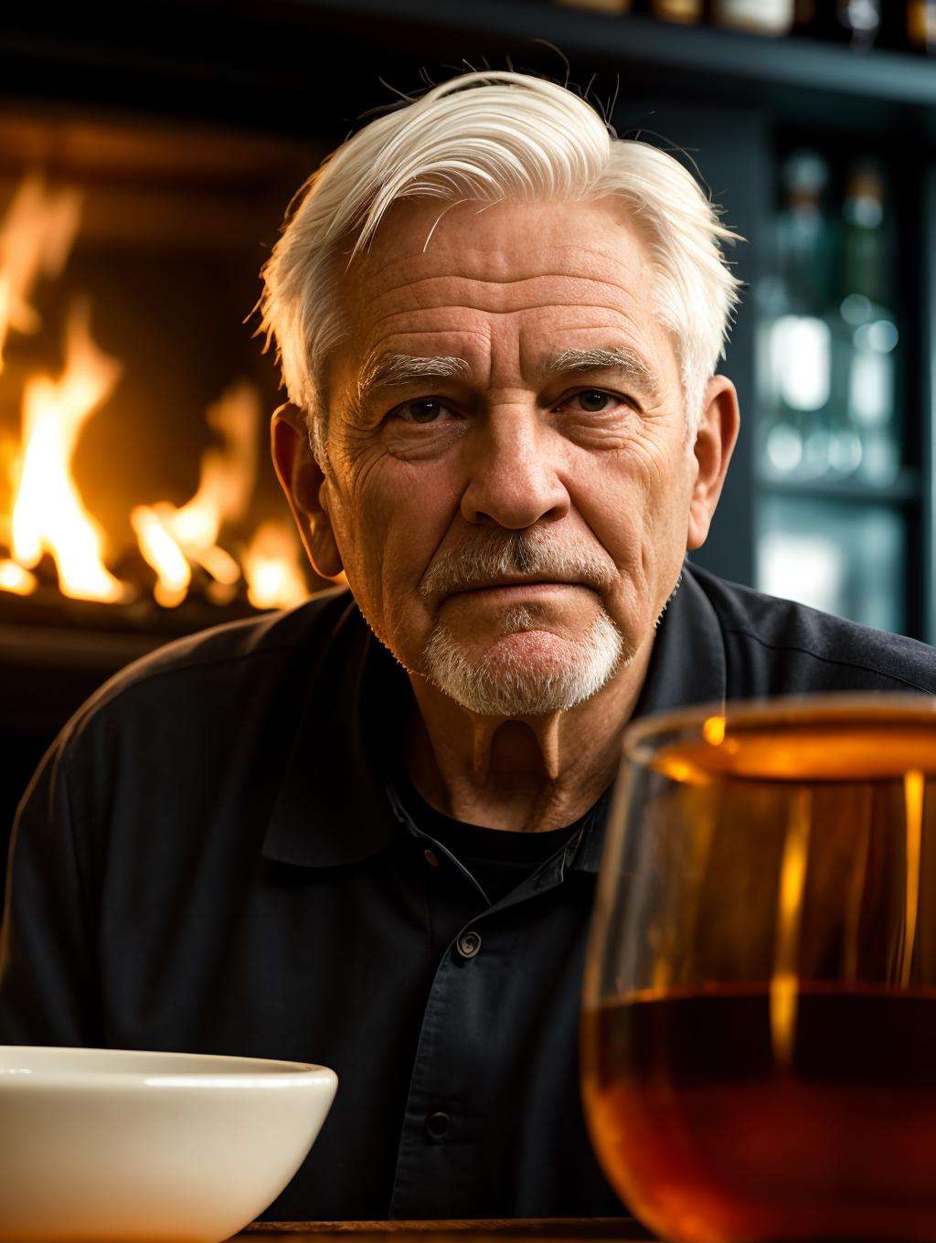 barkeep, 1boy, close up, old, old man, short hair, white hair, drinking glass, bar (place), looking at viewer, fire, bowl, blurry background, depth of field, realistic