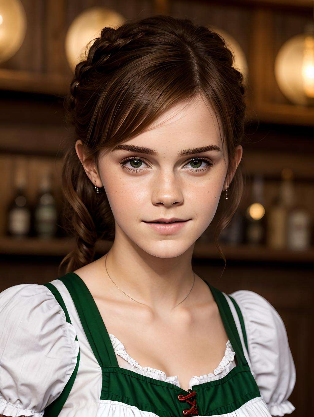 EmWat69 Emma Watson as an Oktoberfest waitress wearing a sexy green German dirndl, slight smile, Highly detailed, smooth, sharp focus, 8k, 4k, sharp, colorful lighting, beautiful, colorful, masterpiece, (realistic, photo-realistic:1.37), small waist, beautiful face, perfect illumination, beautiful detailed eyes, looking at viewer, stunningly beautiful woman, detailed hairstyle 