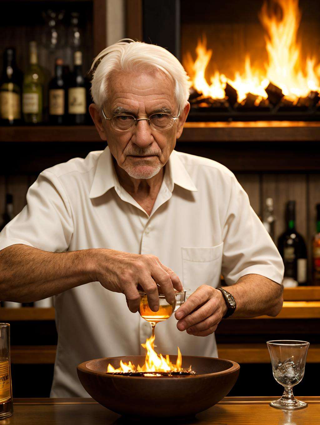 barkeep, 1boy, old, old man, short hair, white hair, drinking glass, bar (place), looking at viewer, fire, bowl, blurry background, depth of field, realistic