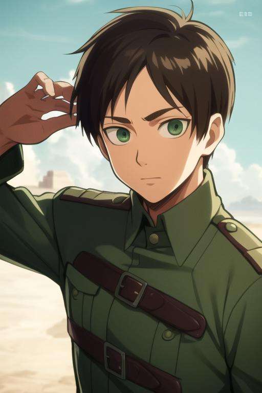 masterpiece, best quality, high quality, 1boy, solo, male focus, looking at viewer, upper body, <lora:eren_yeager:0.80>, eren_yeager, brown hair, green eyes, paradis military uniform,