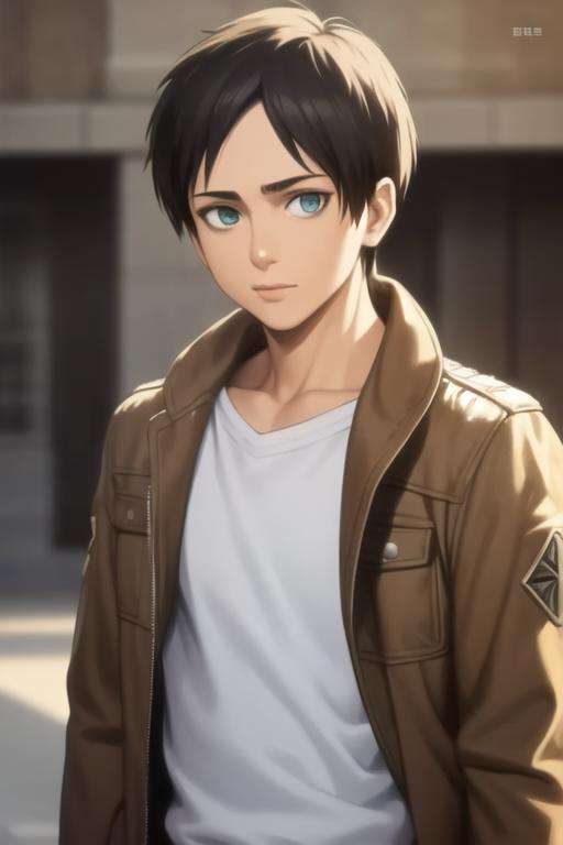 masterpiece, best quality, high quality, 1boy, solo, male focus, looking at viewer, upper body, <lora:eren_yeager:0.78>, eren_yeager, brown hair, , jacket, <lora:Realism-10:0.20>, Realism