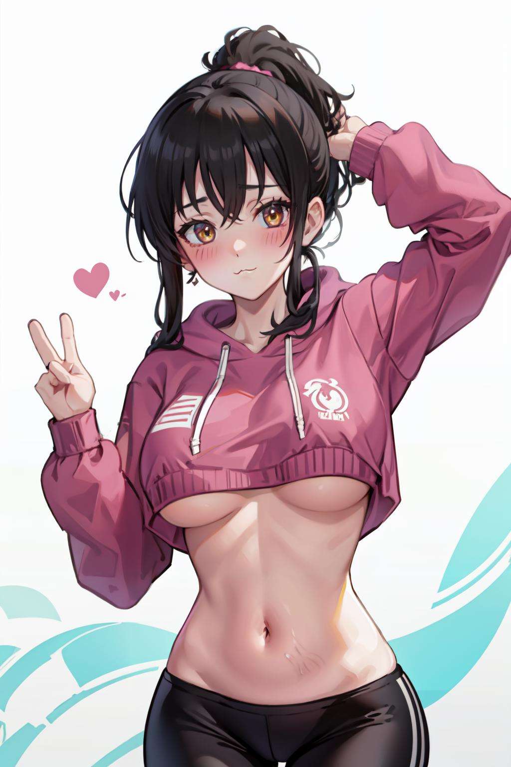 cropped hoodie underboob, 1girl,solo, hoodie, pink hoodie, large breasts,yellow eyes, underboob, long hair, high ponytail,mature female, looking at viewer, :3, blush, stomach, midriff,navel , yoga pants, white background, upper body <lora:cropped_hoodie_underboob-09:0.7>