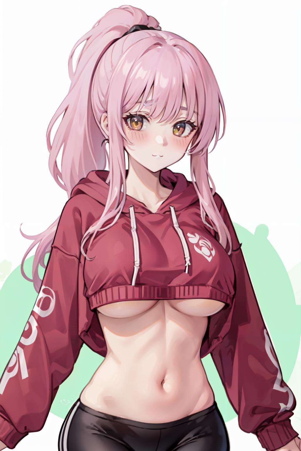 cropped hoodie underboob, 1girl,solo, hoodie, pink hoodie, large breasts,yellow eyes, underboob, long hair, high ponytail,mature female, looking at viewer, :3, blush, stomach, midriff,navel , yoga pants, white background, upper body <lora:cropped_hoodie_underboob-09:0.7>