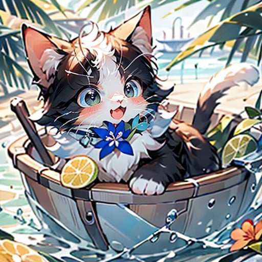 masterpiece,bestquality,highlydetailed,ultra-detailed,extremely detailed CG unity 8k wallpaper,illustration,lens 135mm,<lora:maomi_20230724152515:0.9>,maomi,1cat,(solo:1.5),cute,flower,boat,beverage,downy,