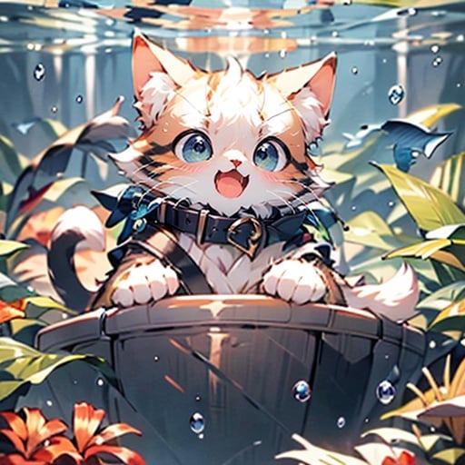 masterpiece,bestquality,highlydetailed,ultra-detailed,extremely detailed CG unity 8k wallpaper,illustration,lens 135mm,<lora:maomi_20230724152515:0.9>,maomi,1cat,(solo:1.5),cute,downy,underwater,bubble,