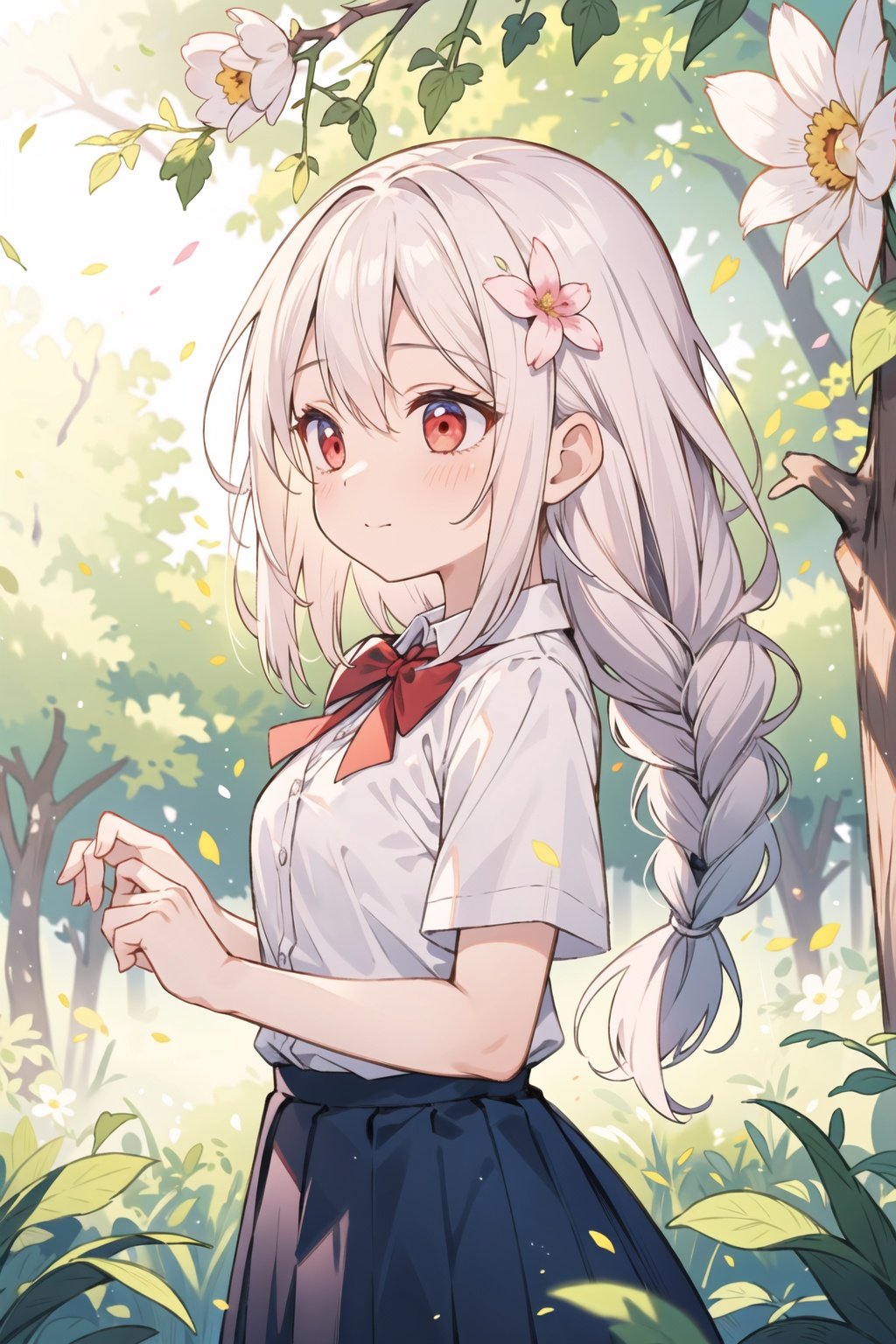 flower,(from_side),(looking_away),(turning_head),(upper_body),1girl,solo,loli,petite,white_hair,(very_long_hair),red_eyes,medium_breasts,(closed_mouth),faint_smile,straight_hair,(glowing_eyes),(white_shirt),(bowtie),(transparent_clothing),braid,(pleated_skirt),wind_lift,hair_lift,(spring),(hair_flower),branches,(leaves),foreground_flowers,(bushes),tree,forest,sunshine,tyndall_effect,((masterpiece)),(highres),(best_quality),(highly_detailed),(original),(Delicate background),(extremely detailed 8K wallpaper),cinematic lighting,volume lighting,light particles,shaded_face,beautiful_detailed_eyes,depth_of_field,perspective,