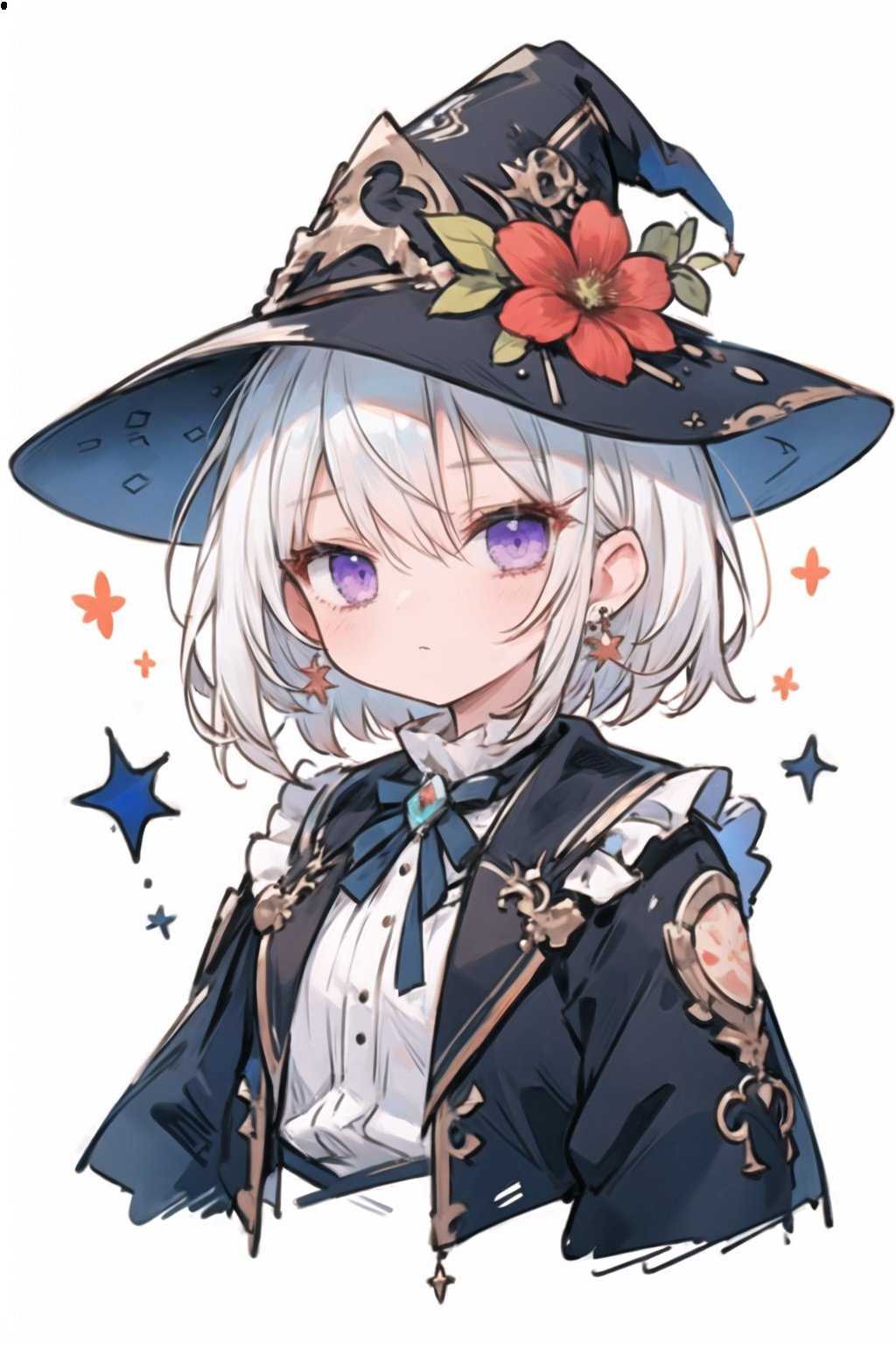 quality_best,style_onineko,(Distinct pupils)(Clear eyes),wizard hat,1girl,solo,c,earrings,looking at viewer,flower,short hair,bangs,closed mouth,simple background,black headwear,white background,red flower,upper body,white hair,hair intakes,frills,purple eyes,hair ornament,expressionless,hat flower,eyelashes,best quality,<lyco:[LoHa]style_onineko_v2:0.6>,<lora:bdsqlsz:0.6>,