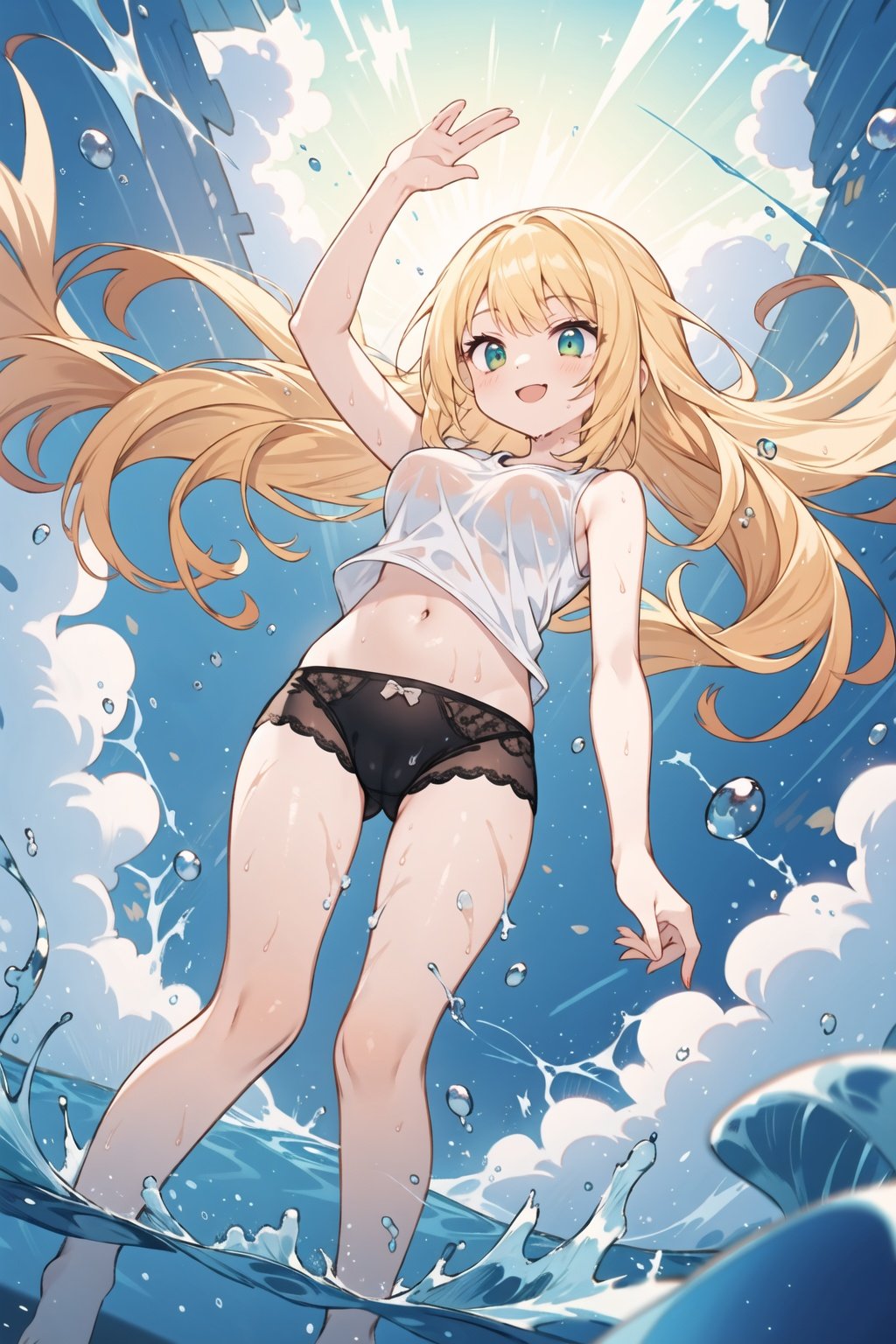 4k masterpiece, the girl in is half her body in the water, neon colors, wet t-shirt, big breasts, thin waist, wet, low-rise black panties, cameltoe, arm down, spreaded arm out of frame, smile, happy facial expression, ocean, sky, clouds, floating long yellow hair, swaying bangs, white t-shirt, sleeveless tops, midriff, navel, bare arms, bare legs, dynamic angle, cinematic lighting, shining pale skin, shining water, playing water,, masterpiece, best quality,