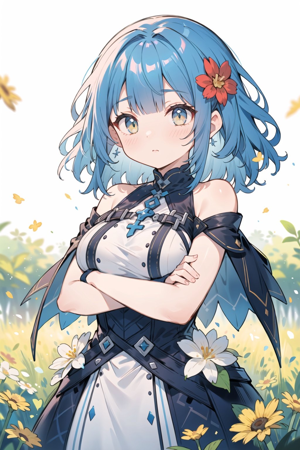 masterpiece, best quality, cute,medium hair, blue hair, [blue | yellow] eyes, wavy hair, blunt bangs, large breasts, dress, bare shoulders, flower, crossed arms,depth of field, field,