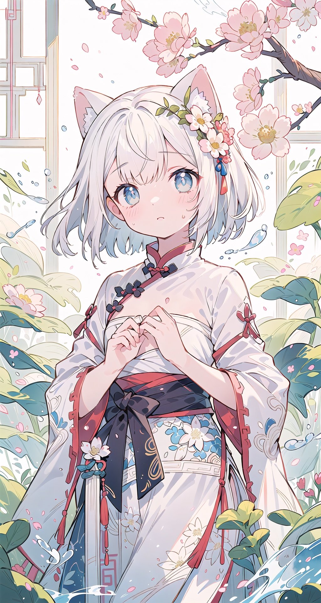 (((masterpiece))),best quality,watercolor,(((illustration)),((Chinese_style)),

(((beautiful detailed girl))),small chest,cat,tea,

((delicate cute face)),blue_eyes,watery_eyes,

bob_cut,white_hair,flower,

(hanfu),silky,pink,luxuriant,layered dress,

(in_spring),beautiful_landscape,light particles,