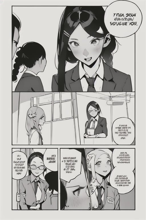 long hair, short hair, open mouth, multiple girls, shirt, hair ornament, school uniform, jacket, monochrome, braid, comic, necktie, hairclip, collared shirt, virtual youtuber, bag, speech bubble, english text, blazer, school bag, spoken ellipsis, thought bubble, thinking,1 page manga,4 manga panels,body up panels