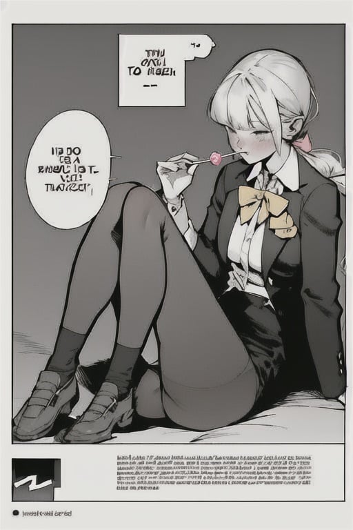 1girl, long hair, bangs, skirt, hair ornament, 1boy, bow, twintails, school uniform, jacket, monochrome, braid, comic, hetero, greyscale, pleated skirt, food, shoes, socks, hairclip, bowtie, english text, erection, blazer, candy, bulge, lollipop, erection under clothes, loose socks,1 page manga,by sanka kumaru,3 manga panels,body up panels,1 girl,black and white