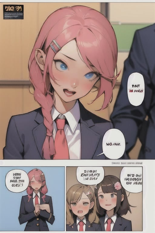 long hair, short hair, open mouth, multiple girls, shirt, hair ornament, school uniform, jacket, braid, comic, necktie, hairclip, collared shirt, virtual youtuber, bag, speech bubble, english text, blazer, school bag, spoken ellipsis, thought bubble, thinking,1 page manga,4 manga panels,body up panels