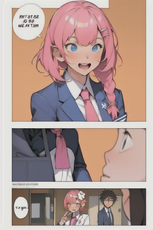 long hair, short hair, open mouth, multiple girls, shirt, hair ornament, school uniform, jacket, braid, comic, necktie, hairclip, collared shirt, virtual youtuber, bag, speech bubble, english text, blazer, school bag, spoken ellipsis, thought bubble, thinking,1 page manga,4 manga panels,body up panels