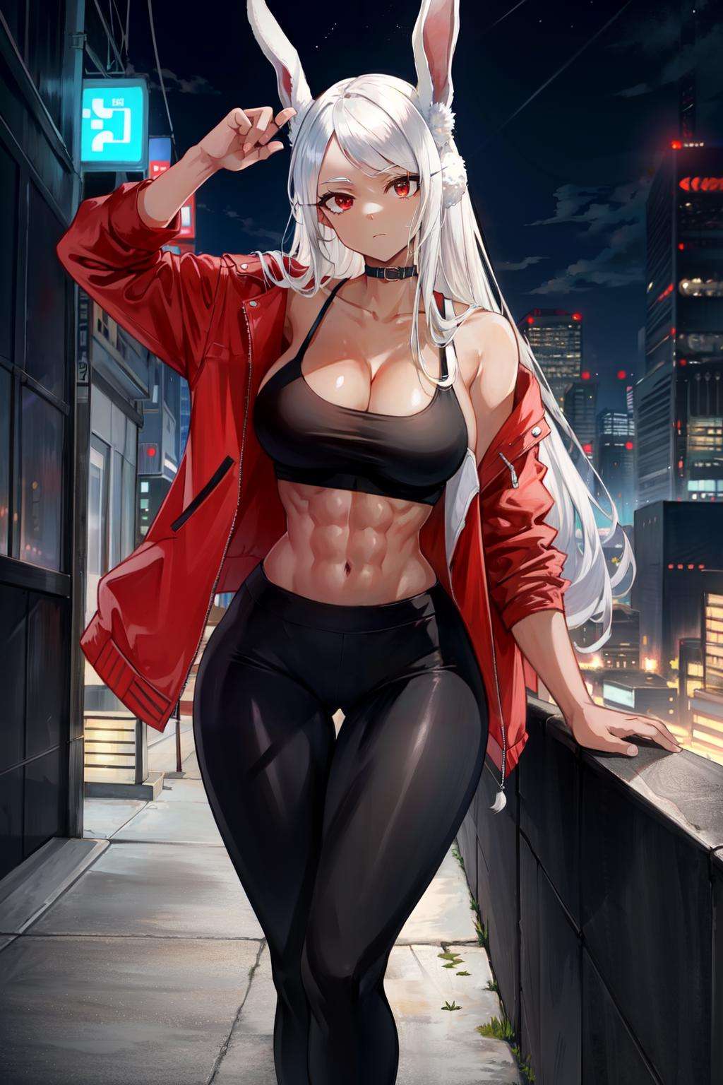 mirko mha, 1girl,solo,dark-skinned female, dark skin, large breasts,cropped jacket,abs, collarbone, yoga pants, thigh gap, thick thighs, black pant,looking at viewer, night time, crimson red theme,cityscape,cyberpunk, rabbit ears, rabbit girl, white hair, long hair, muscular female, red eyes, <lora:mirko:1>