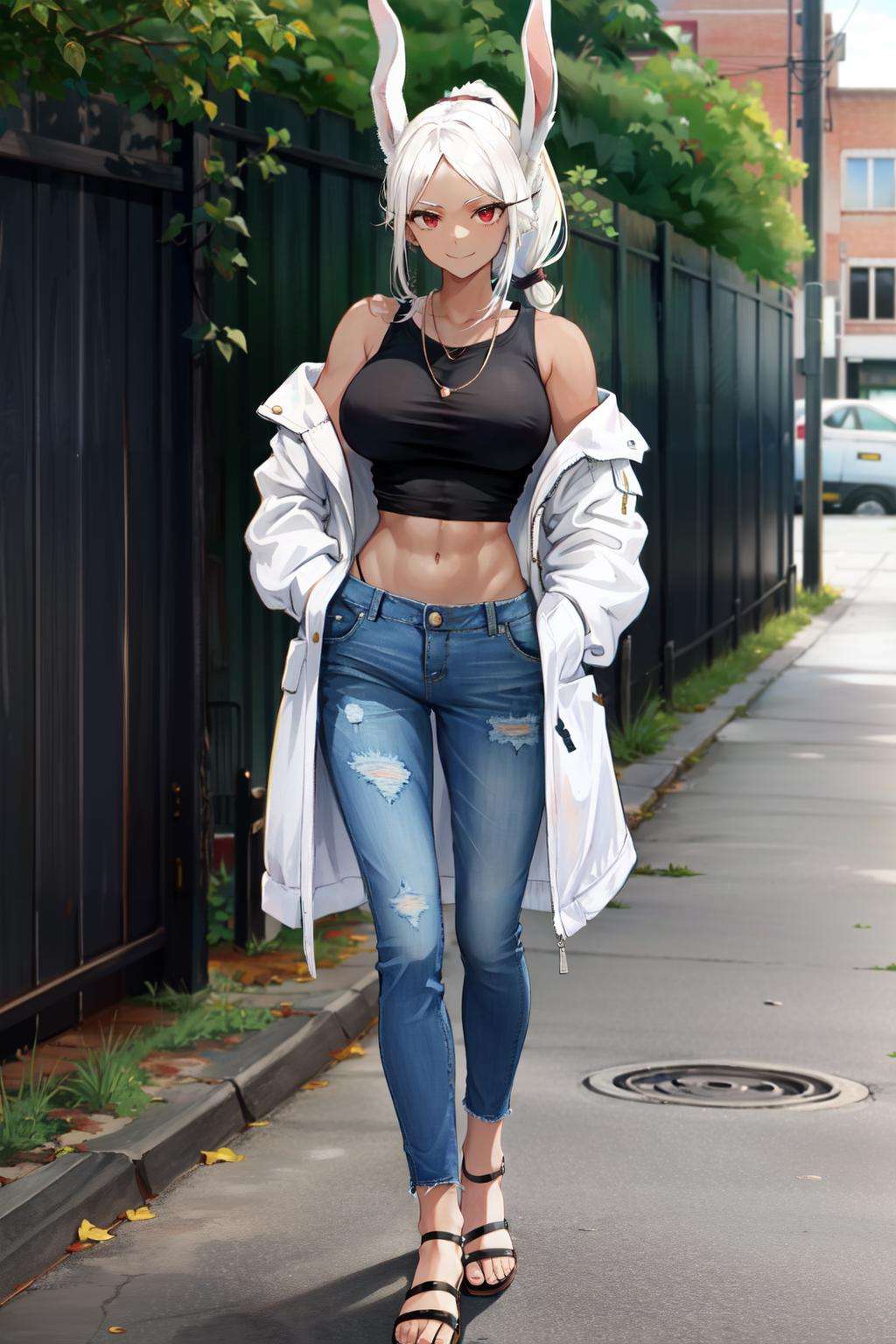 mirko mha, jeans, navel, dark-skinned female, hand in pocket, bare shoulders, long eyelashes, sandals, braided ponytail, large breasts, blurry, denim, 1girl, rabbit girl, red eyes, outdoors, off shoulder, crop top, smile, animal ears, muscular, blurry background, abs, toned, jacket, black shirt, braid, rabbit ears, looking at viewer, solo, standing, shirt, white hair, open clothes, long hair, casual, full body, pants, white jacket, dark skin, midriff<lora:mirko:1>