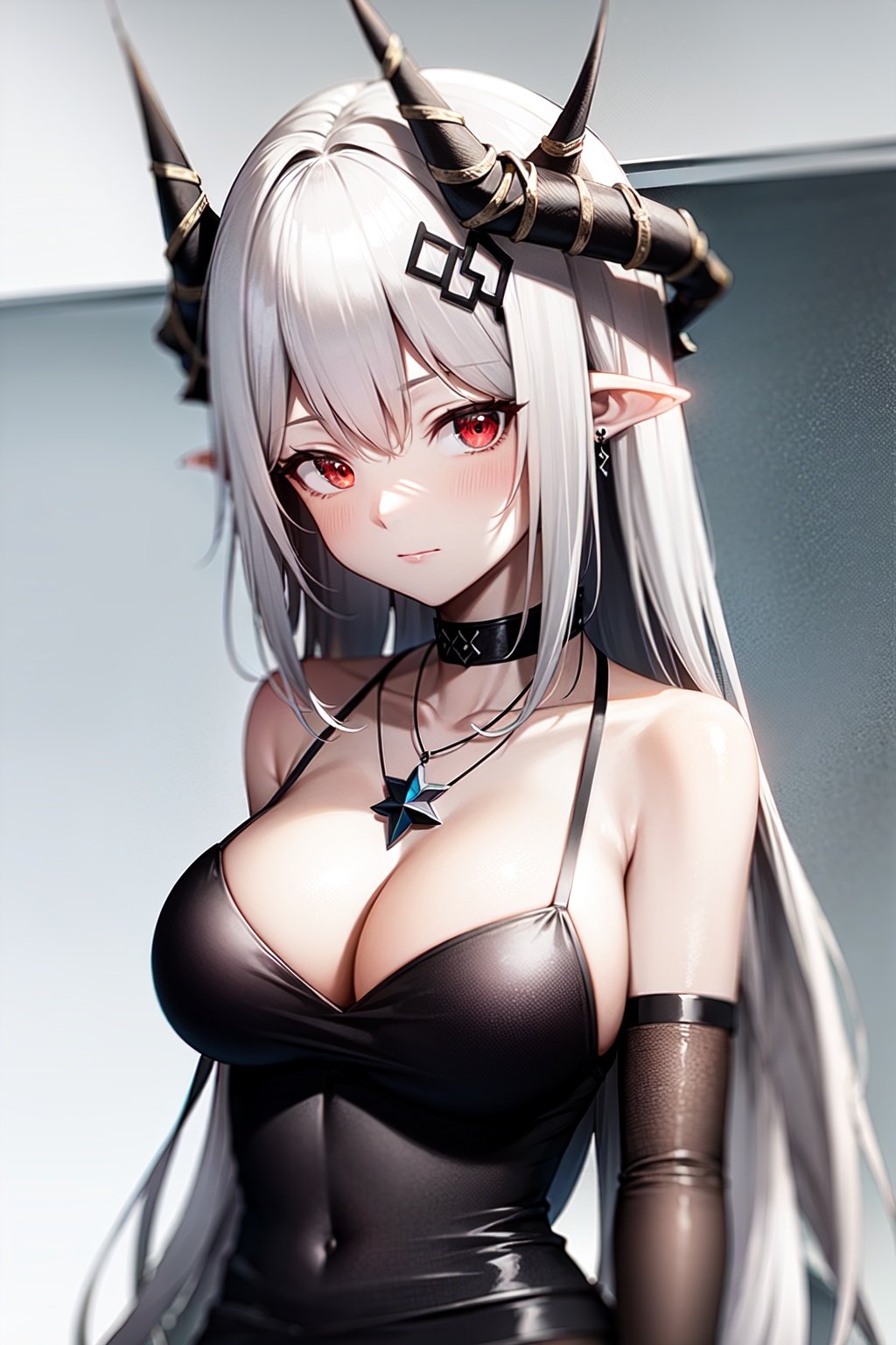 mudrock(arknights), white hair, pointy ears, breasts, 1girl, detached sleeves, looking at viewer, red eyes, black choker, black dress, bangs, large breasts, solo, upper body, cleavage, choker, closed mouth, horns, official alternate costume, long hair, jewelry, dress, necklace, simple background, bare shoulders, white background<lora:mudrock:0.7>