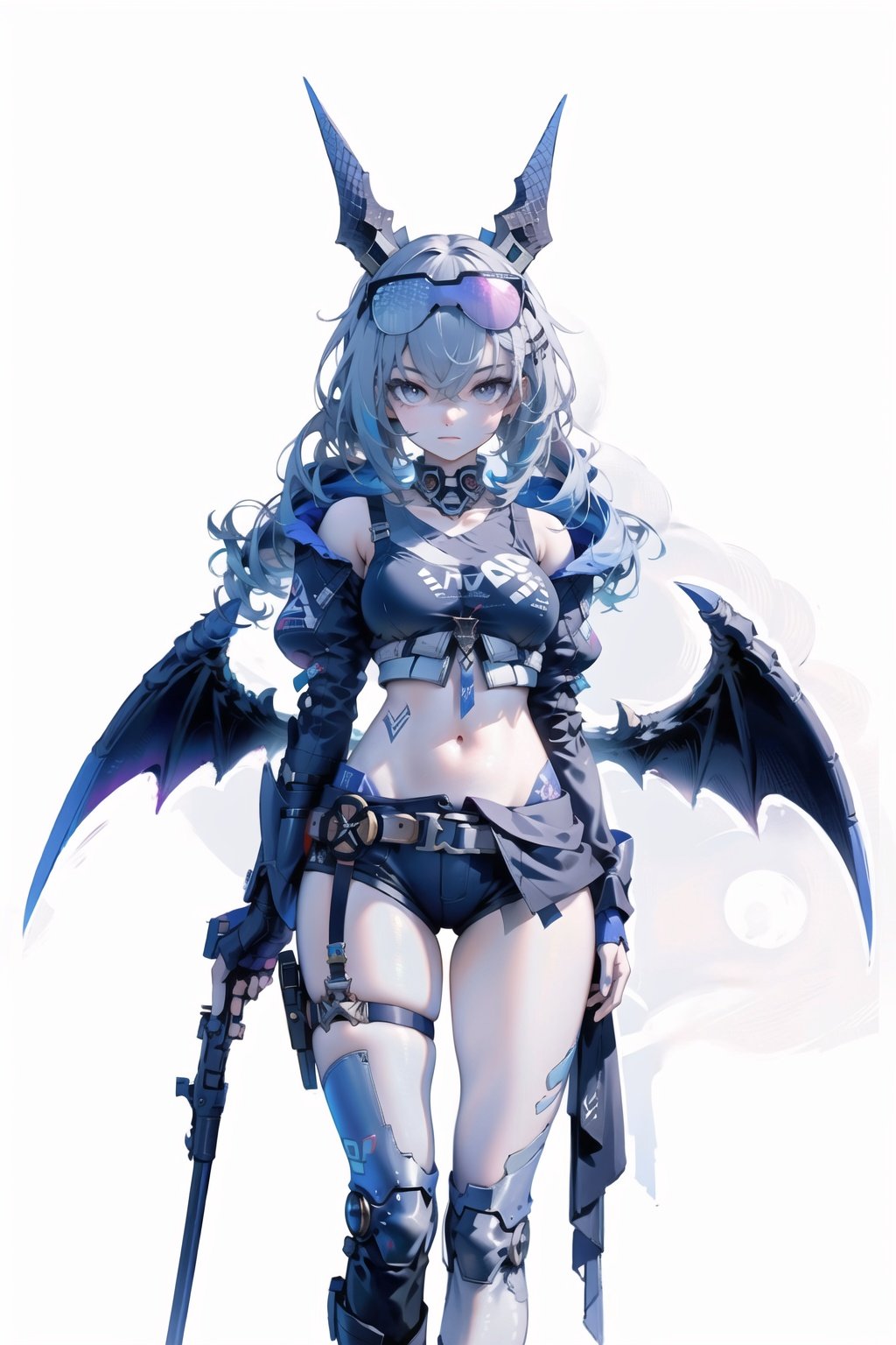 (8k, best quality, masterpiece), ultra-detailed, (high detailed skin),Masterpiece-level best_quality, 
Bikini,latex,(Bikini:1.4),bra,thong, underwear,mecha armors,bikini armor,

yinlang, bronya zaychik, eyewear on head, grey eyes, grey hair, long hair, drill hair, 

1girl,solo,The whole body,mecha_musume,mecha wings,horns,grey background,demon girl,demon horns,demon wings, cinematic lighting,strong contrast,high level of detail,Best quality,masterpiece,White background,position,stocking,bj_Devil angel,standing,机甲,科技感,yinlang