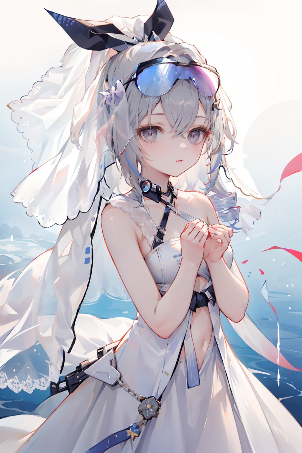 wedding veil,missionary,looking_at_viewer,basic_background,ayanami_\(azur_lane\),wedding dress,1girl,
yinlang, bronya zaychik, eyewear on head, grey eyes, grey hair, long hair, drill hair,yinlang