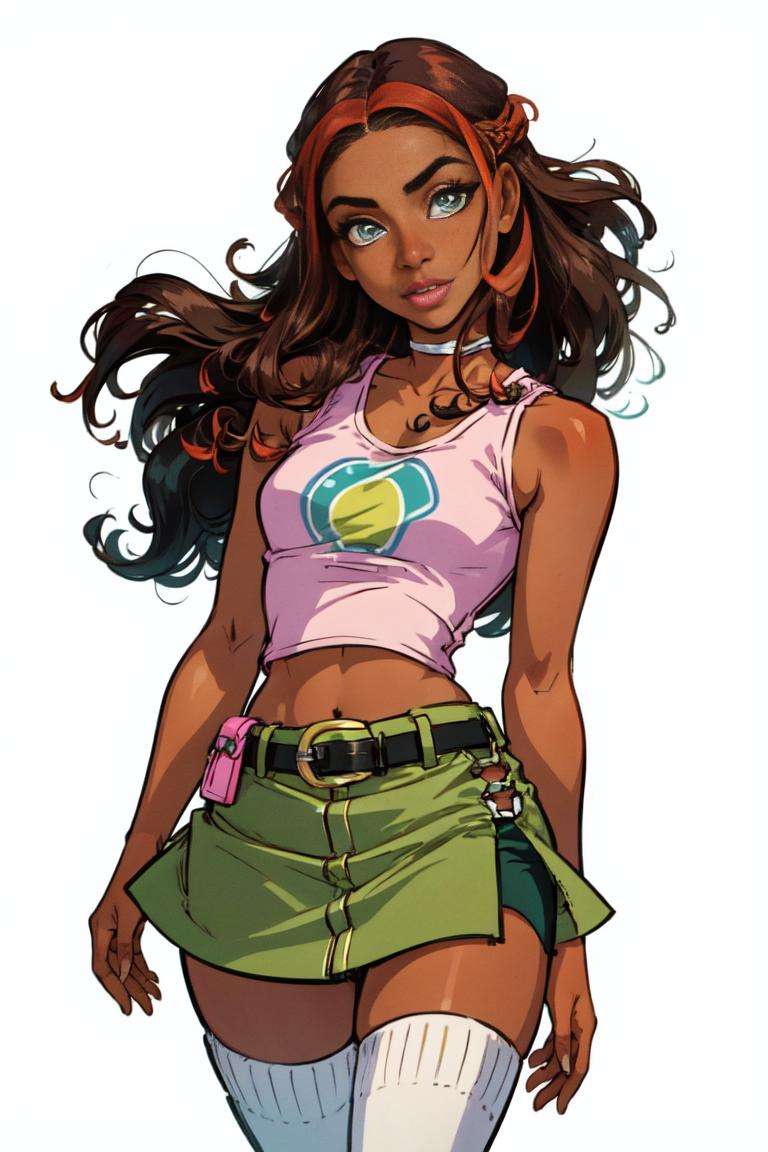 (Aisha/Layla), (brown skin:1.2), dark-skinned female, curly hair, long hair, brown hair, red strips in hair, blue-green eyes, (CasualOutfit), pink cropped tank-top, green skirt, belt, white legwarmers, green boots, (white background, solid white background:1.2), (realistic:1.2), (masterpiece:1.2), (full-body-shot:1),(Cowboy-shot:1.2), neon lighting, dark romantic lighting, (highly detailed:1.2),(detailed face:1.2), (gradients), colorful, detailed eyes, (natural lighting:1.2), (cute pose:1.2), (solo, one person, 1girl:1.5),<lora:WinxClubLaylaAisha-10:0.9> <lora:add_detail:0.15> <lora:BeautifulEyes:0.65> <lyco:coloredSkin-08:0.3>