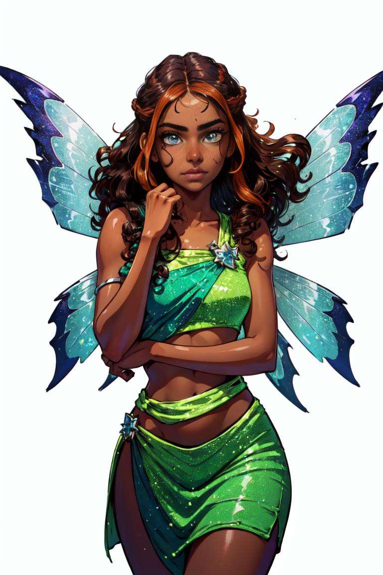 (Aisha/Layla), dark-skinned female, curly hair, long hair, brown hair, red strips in hair, blue-green eyes, (FairyOutfit), sparkling outfit, fairy wings, green outfit, (white background, solid white background:1.2), (realistic:1.2), (masterpiece:1.2), (full-body-shot:1),(Cowboy-shot:1.2), neon lighting, dark romantic lighting, (highly detailed:1.2),(detailed face:1.2), (gradients), colorful, detailed eyes, (natural lighting:1.2), (cute pose:1.2), (solo, one person, 1girl:1.5),<lora:WinxClubLaylaAisha-10:0.9> <lora:add_detail:0.15> <lora:hipoly3DModelLora_v10:0.05> <lora:RSERomantic_RSESofiko_RSEEmma-v1:0.1> <lora:BeautifulEyes:0.65>