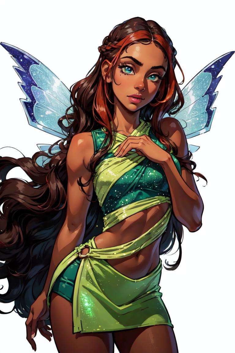 (Aisha/Layla), dark-skinned female, curly hair, long hair, brown hair, red strips in hair, blue-green eyes, (FairyOutfit), sparkling outfit, fairy wings, green outfit, (white background, solid white background:1.2), (realistic:1.2), (masterpiece:1.2), (full-body-shot:1),(Cowboy-shot:1.2), neon lighting, dark romantic lighting, (highly detailed:1.2),(detailed face:1.2), (gradients), colorful, detailed eyes, (natural lighting:1.2), (cute pose:1.2), (solo, one person, 1girl:1.5),<lora:WinxClubLaylaAisha-10:0.9> <lora:add_detail:0.15> <lora:hipoly3DModelLora_v10:0.05> <lora:RSERomantic_RSESofiko_RSEEmma-v1:0.1> <lora:BeautifulEyes:0.3>