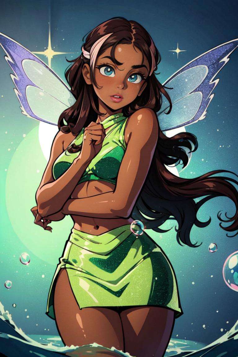 (Aisha/Layla), (brown skin:1.2), dark-skinned female, curly hair, long hair, brown hair, red strips in hair, blue-green eyes, (FairyOutfit), sparkling outfit, fairy wings, green outfit, (water, bubbles floating), (realistic:1.2), (masterpiece:1.2), (full-body-shot:1),(Cowboy-shot:1.2), neon lighting, dark romantic lighting, (highly detailed:1.2),(detailed face:1.2), (gradients), colorful, detailed eyes, (natural lighting:1.2), (cute pose:1.2), (solo, one person, 1girl:1.5),<lora:WinxClubLaylaAisha-10:0.9> <lora:add_detail:0.15> <lora:BeautifulEyes:0.65> <lyco:coloredSkin-08:0.3>