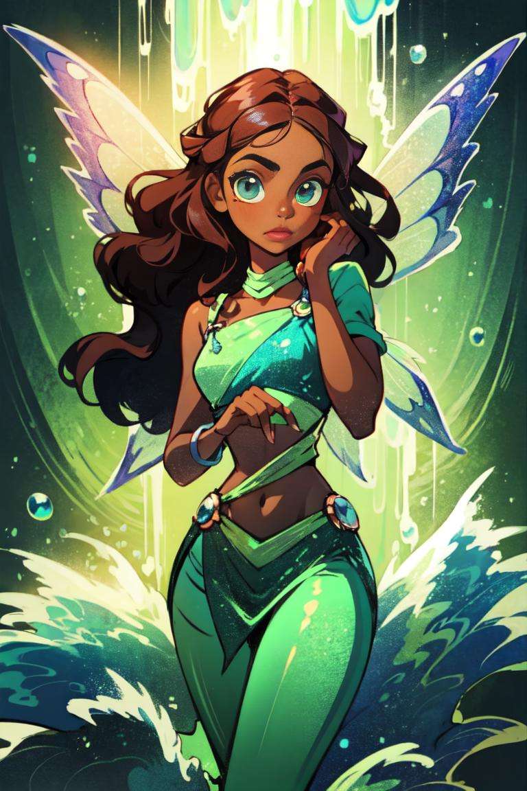 (Aisha/Layla), brown skin, dark-skinned female, curly hair, long hair, brown hair, red strips in hair, blue-green eyes, (FairyOutfit), sparkling outfit, fairy wings, green outfit, (water background, blue waves background), (realistic:1.2), (masterpiece:1.2), (full-body-shot:1),(Cowboy-shot:1.2), neon lighting, dark romantic lighting, (highly detailed:1.2),(detailed face:1.2), (gradients), colorful, detailed eyes, (natural lighting:1.2), (cute pose:1.2), (solo, one person, 1girl:1.5),<lora:WinxClubLaylaAisha-10:0.9> <lora:add_detail:0.15> <lora:BeautifulEyes:0.65> <lyco:coloredSkin-08:0.3>