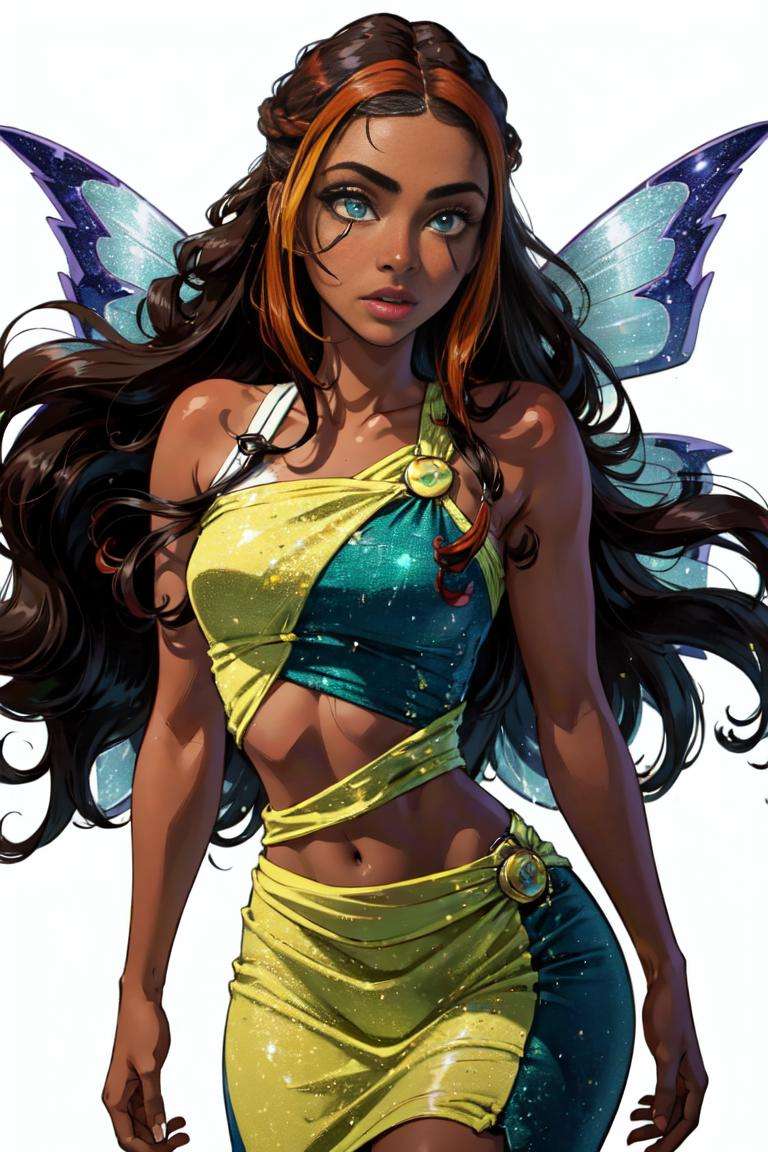 (Aisha/Layla), dark-skinned female, curly hair, long hair, brown hair, blue-green eyes, (FairyOutfit), (white background, solid white background:1.2), (realistic:1.2), (masterpiece:1.2), (full-body-shot:1),(Cowboy-shot:1.2), neon lighting, dark romantic lighting, (highly detailed:1.2),(detailed face:1.2), (gradients), colorful, detailed eyes, (natural lighting:1.2), (cute pose:1.2), (solo, one person, 1girl:1.5),<lora:WinxClubLaylaAisha-10:0.9> <lora:add_detail:0.15> <lora:hipoly3DModelLora_v10:0.05> <lora:RSERomantic_RSESofiko_RSEEmma-v1:0.1> <lora:BeautifulEyes:0.65>