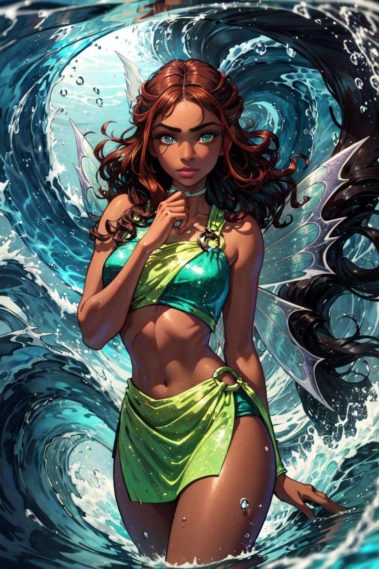 (Aisha/Layla), brown skin, dark-skinned female, curly hair, long hair, brown hair, red strips in hair, blue-green eyes, (FairyOutfit), sparkling outfit, fairy wings, green outfit, (water background, blue waves background), (realistic:1.2), (masterpiece:1.2), (full-body-shot:1),(Cowboy-shot:1.2), neon lighting, dark romantic lighting, (highly detailed:1.2),(detailed face:1.2), (gradients), colorful, detailed eyes, (natural lighting:1.2), (cute pose:1.2), (solo, one person, 1girl:1.5),<lora:WinxClubLaylaAisha-10:0.9> <lora:add_detail:0.15> <lora:BeautifulEyes:0.65> <lyco:coloredSkin-08:0.3>