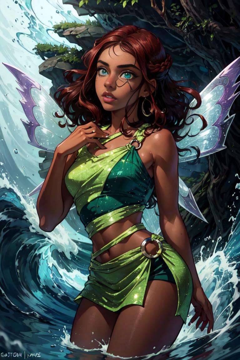 (Aisha/Layla), dark-skinned female, curly hair, long hair, brown hair, red strips in hair, blue-green eyes, (FairyOutfit), sparkling outfit, fairy wings, green outfit, (water background, blue waves background), (realistic:1.2), (masterpiece:1.2), (full-body-shot:1),(Cowboy-shot:1.2), neon lighting, dark romantic lighting, (highly detailed:1.2),(detailed face:1.2), (gradients), colorful, detailed eyes, (natural lighting:1.2), (cute pose:1.2), (solo, one person, 1girl:1.5),<lora:WinxClubLaylaAisha-10:0.9> <lora:add_detail:0.15> <lora:hipoly3DModelLora_v10:0.05> <lora:RSERomantic_RSESofiko_RSEEmma-v1:0.1> <lora:BeautifulEyes:0.65>