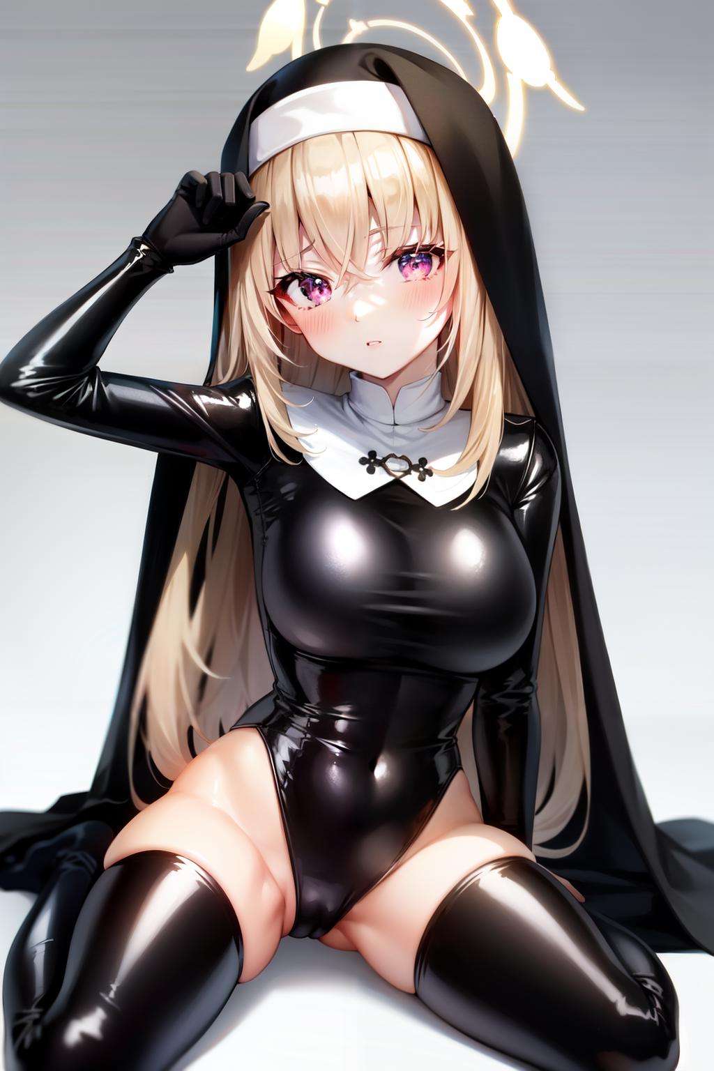 sakurako(blue archive), looking at viewer, habit, long sleeves, parted lips, breasts, latex, halo, nun, bangs, shiny clothes, covered navel, purple eyes, 1girl, thighs, simple background, large breasts, wariza, sitting, black thighhighs, long hair, latex gloves, white background, latex legwear, blush, solo, hair between eyes, arm up, skin tight, black leotard, <lora:sakurako:0.7>, 