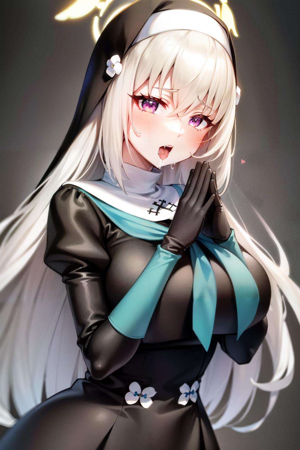 sakurako(blue archive), black dress, gloves, looking at viewer, habit, long sleeves, breasts, grey hair, halo, tongue, purple eyes, nun, bangs, black gloves, upper body, oral invitation, 1girl, open mouth, simple background, own hands together, large breasts, long hair, tongue out, own hands clasped, white hair, saliva, blush, dress, solo, hair between eyes <lora:sakurako:1>, 