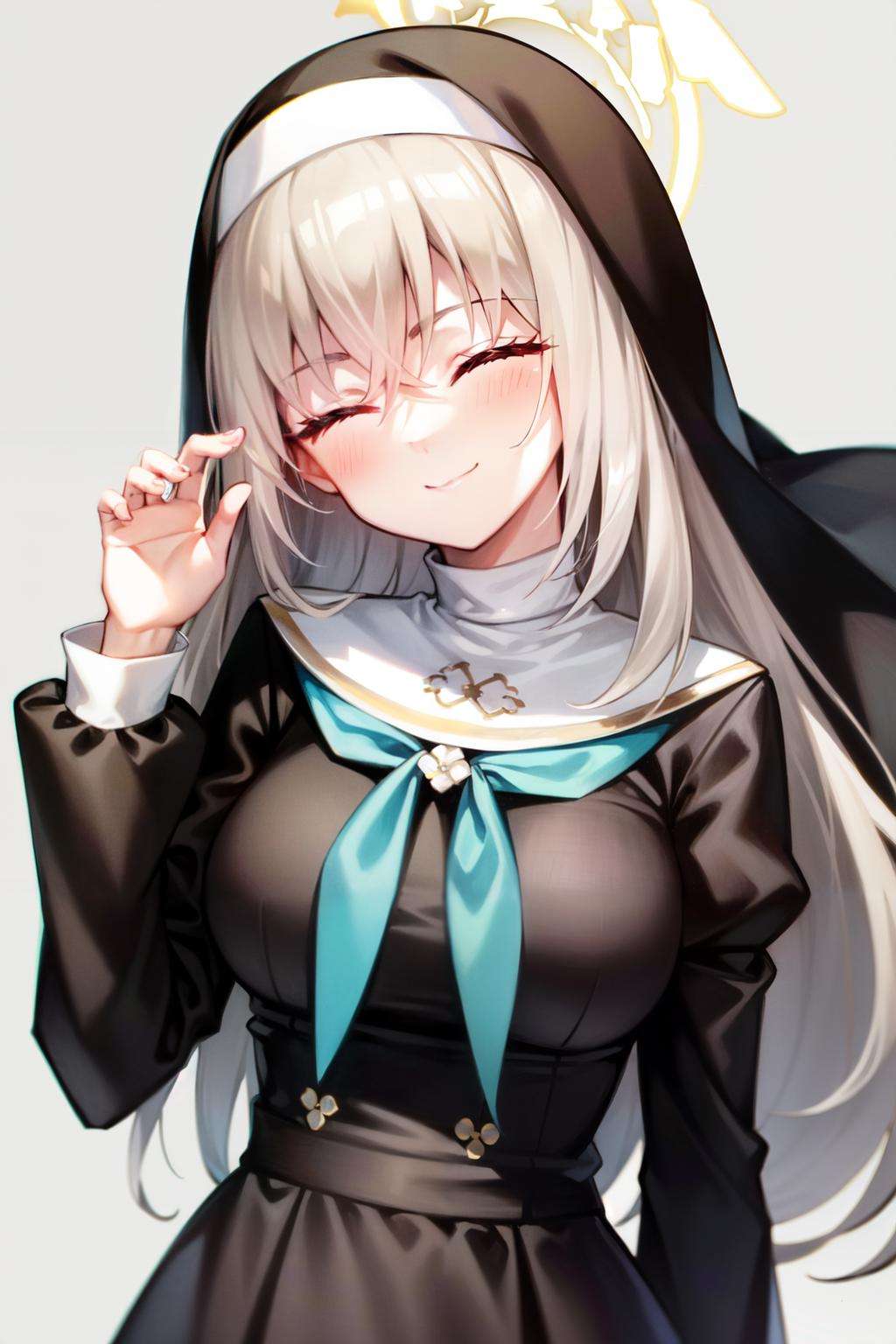 sakurako(blue archive), false smile, black dress, habit, long sleeves, closed mouth, grey hair, halo, shaded face, nun, portrait, bangs, 1girl, simple background, smile, long hair, white background, dress, solo, hair between eyes, closed eyes, anger vein<lora:sakurako:1>, 