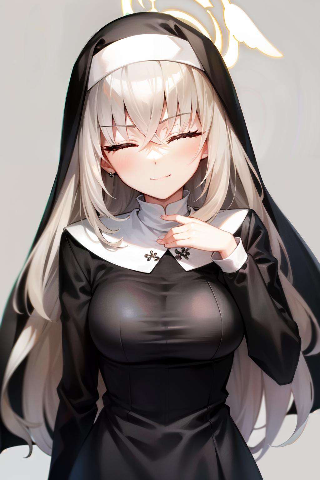 sakurako(blue archive), false smile, black dress, habit, long sleeves, closed mouth, grey hair, halo, shaded face, nun, portrait, bangs, 1girl, simple background, smile, long hair, white background, dress, solo, hair between eyes, closed eyes, anger vein<lora:sakurako:0.7>, 